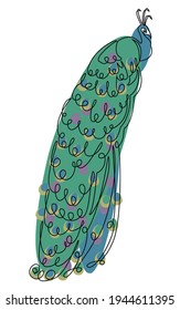 Beautiful peacock. Bird with a lush tail in a modern one line style. Solid line, outline for decor, posters, stickers, logo. Vector illustration.