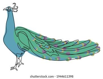 Beautiful peacock. Bird with a lush tail in a modern one line style. Solid line, outline for decor, posters, stickers, logo. Vector illustration.