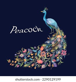 Beautiful peacock. Cartoon bird with ornamental feathers, peacock feather, character of nature with decorative elegant plumage, peacock elements design with dark blue background Vector