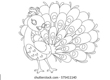 Beautiful peacock cartoon outline drawing to color