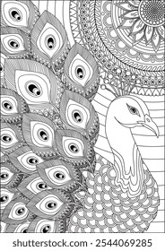 Beautiful Peacock coloring book page anti-stress art