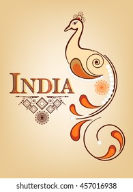 Beautiful Peacock Design based on Line Art with Floral Frame and Elegant text of India on Happy Independence Day.