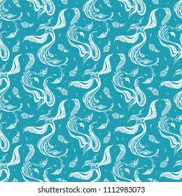Beautiful peacock. Exotic bird. Seamless pattern. Vector hand drawn detailed illustration