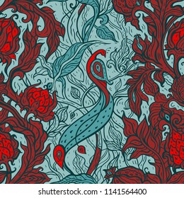 Beautiful peacock. Exotic bird. Seamless pattern. Vector hand drawn detailed illustration