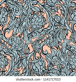 Beautiful peacock. Exotic bird. Seamless pattern. Vector hand drawn detailed illustration