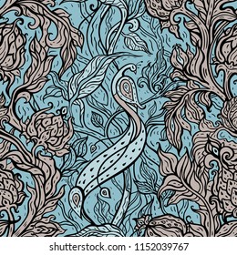 Beautiful peacock. Exotic bird. Seamless pattern. Vector hand drawn detailed illustration