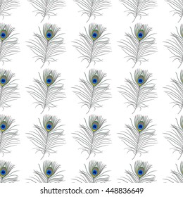 Beautiful peacock feather on a white background, seamless fabric, greeting or invitation card. Suitable for wedding design, gift wrapping paper, web banner.