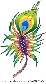 Beautiful peacock feather tattoo in colors of rainbow with black contour