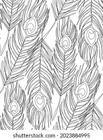 Beautiful peacock feathers in continuous one line drawing. Minimalistic seamless pattern.