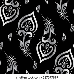 Beautiful peacock feathers. Gold seamless background. Hand drawn pattern.