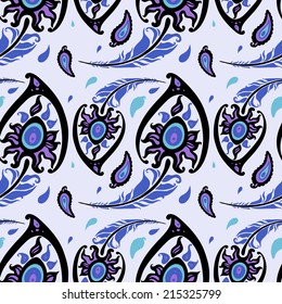 Beautiful peacock feathers, seamless background. Hand drawn pattern.