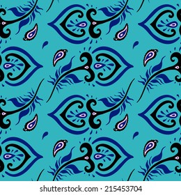 Beautiful peacock feathers, seamless background. Hand drawn pattern.