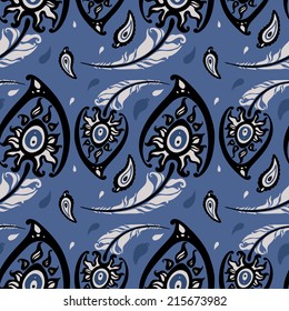 Beautiful peacock feathers, seamless background. Hand drawn pattern.