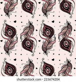 Beautiful peacock feathers, seamless background. Hand drawn pattern.