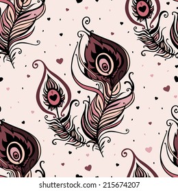 Beautiful peacock feathers, seamless background. Hand drawn pattern.