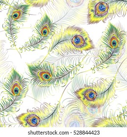 Beautiful peacock feathers seamless pattern.