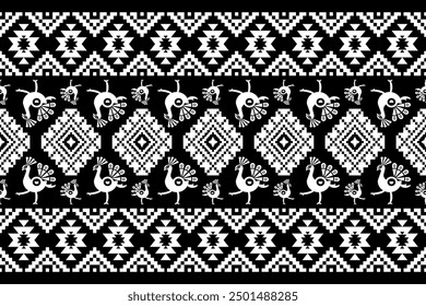 Beautiful peacock figure tribal Thai geometric ethnic oriental pattern traditional.Aztec style, ikat embroidery, abstract, design for texture, fabric, clothing, wrapping, and carpet.