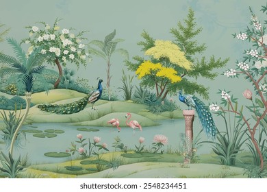 Beautiful Peacock and Flamingo Garden illustration. Tropical forest jungle with peacock wallpaper.