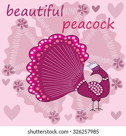 beautiful peacock with flowers and hearts vector illustration