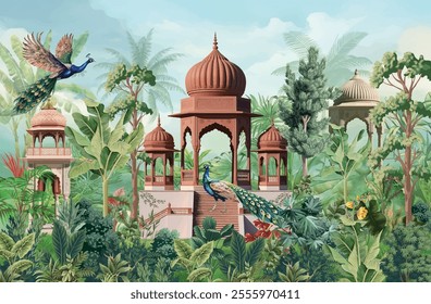 Beautiful Peacock and Garden Arch  illustration. Tropical forest jungle with peacock wallpaper.