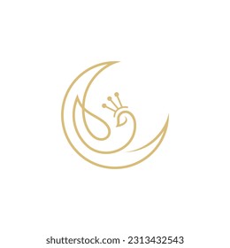 Beautiful peacock logo combination with crescent moon in one line design style