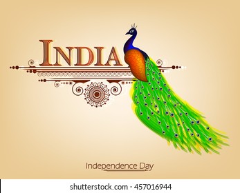 Beautiful Peacock or National Bird Design with Floral Frame and Elegant text of India on Happy Independence Day.