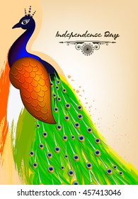 Beautiful Peacock or National Bird with Tri-Color Grunge wallpaper Design on Happy Independence Day.