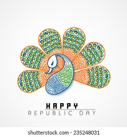 Beautiful peacock in national flag colors on grey background for Happy Indian Republic Day celebrations concept.