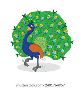 Precioso pavo real con pluma abierta Ilustración vectorial de baile