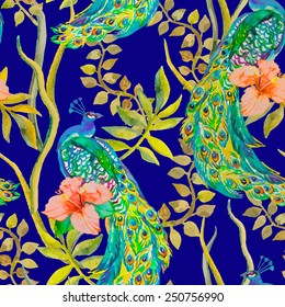 Beautiful peacock pattern. Tropical seamless pattern. Vector. Peacocks and plants, tropical flowers, hibiscus.