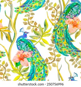 Beautiful peacock pattern. Tropical seamless pattern. Vector. Peacocks and plants, tropical flowers, hibiscus.