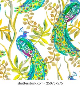 Beautiful peacock pattern. Tropical seamless pattern. Vector. Peacocks and plants. 