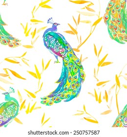 Beautiful peacock pattern. Tropical seamless pattern. Vector. Peacocks and plants. 