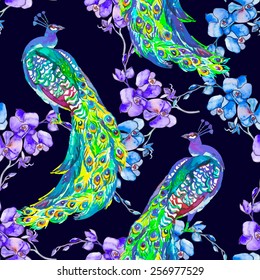 Beautiful peacock pattern. Tropical seamless pattern. Vector. Peacocks and orchid.