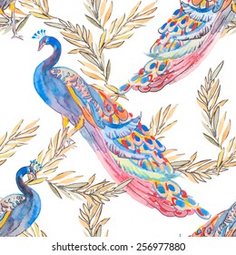 Beautiful peacock pattern. Tropical seamless pattern. Vector. Peacocks and plants.
