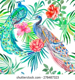 Beautiful peacock pattern. Tropical seamless pattern. Peacocks and plants. Vector. Peacocks and plants.