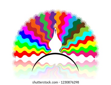 Beautiful peacock tail with multi-colored patterns, colorful logo concept  icon stylized, vector isolated or white background 