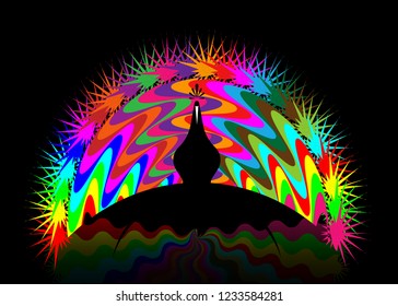 Beautiful peacock tail with multi-colored patterns, colorful logo concept  icon stylized, vector isolated or black background 