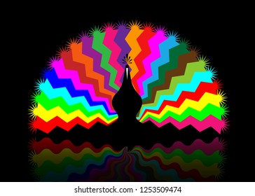 Beautiful peacock tail with multi-colored patterns, colorful logo concept  icon stylized, vector isolated or black background 