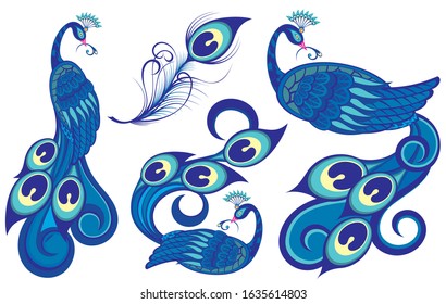 Beautiful peacocks cartoon drawing.Birds collection for your design