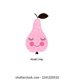 beautiful pear fruit character with cute kawaii face, pencil drawing style illustration for kid poster and summer t-shirt design, isolated on white