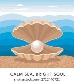 Hermosa perla en una concha abierta en una Ilustración vectorial de playa tranquila 