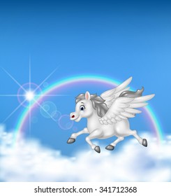 Beautiful pegasus flying on rainbow background