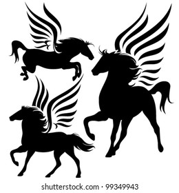 beautiful pegasus horses black silhouettes over white