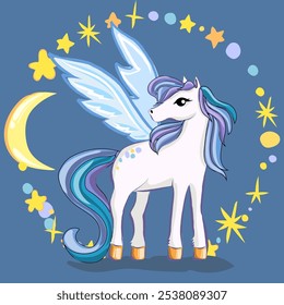 Beautiful  Pegasus with moon and stars. Vector graphic isolated, freehand draw.