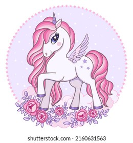 Beautiful pegasus unicorn with roses and clouds. Circular composition. Fantastic animal. For children's design of prints, posters, cards, stickers, badges and so on. Vector