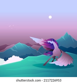 Beautiful Pegasus Winged Horse Dancing on Windy Mountain Epic Landscape Illustration