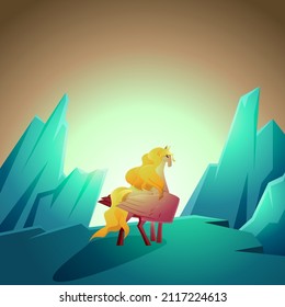 Beautiful Pegasus Winged Horse Facing Sunrise on Mountain Cliff Epic Illustration