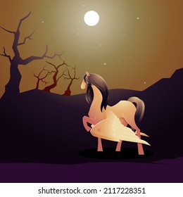 Beautiful Pegasus Winged Horse Walk in Night Forest Moon Epic Illustration