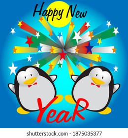 Beautiful penguin cartoon style isolation, star sprinkling background and happy new year writing, vector illustration design, can be used for t-shirt printing, children's fashion design, comics, dolls